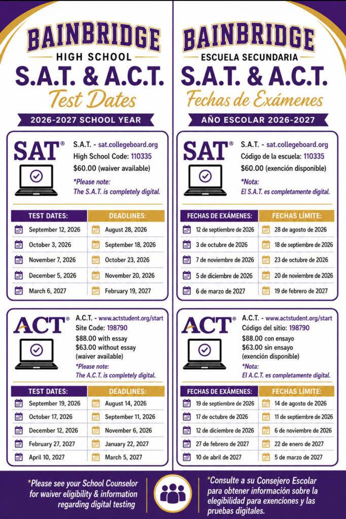 BHS SAT and ACT Test Dates 26-27