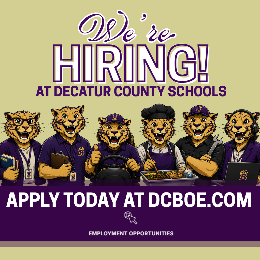 Graphic promoting employment opportunities at Decatur County Schools featuring Bearcat mascot characters representing various school roles, with the text "We're Hiring!" and "Apply Today at DCBOE.com" in the district's purple and gold colors.