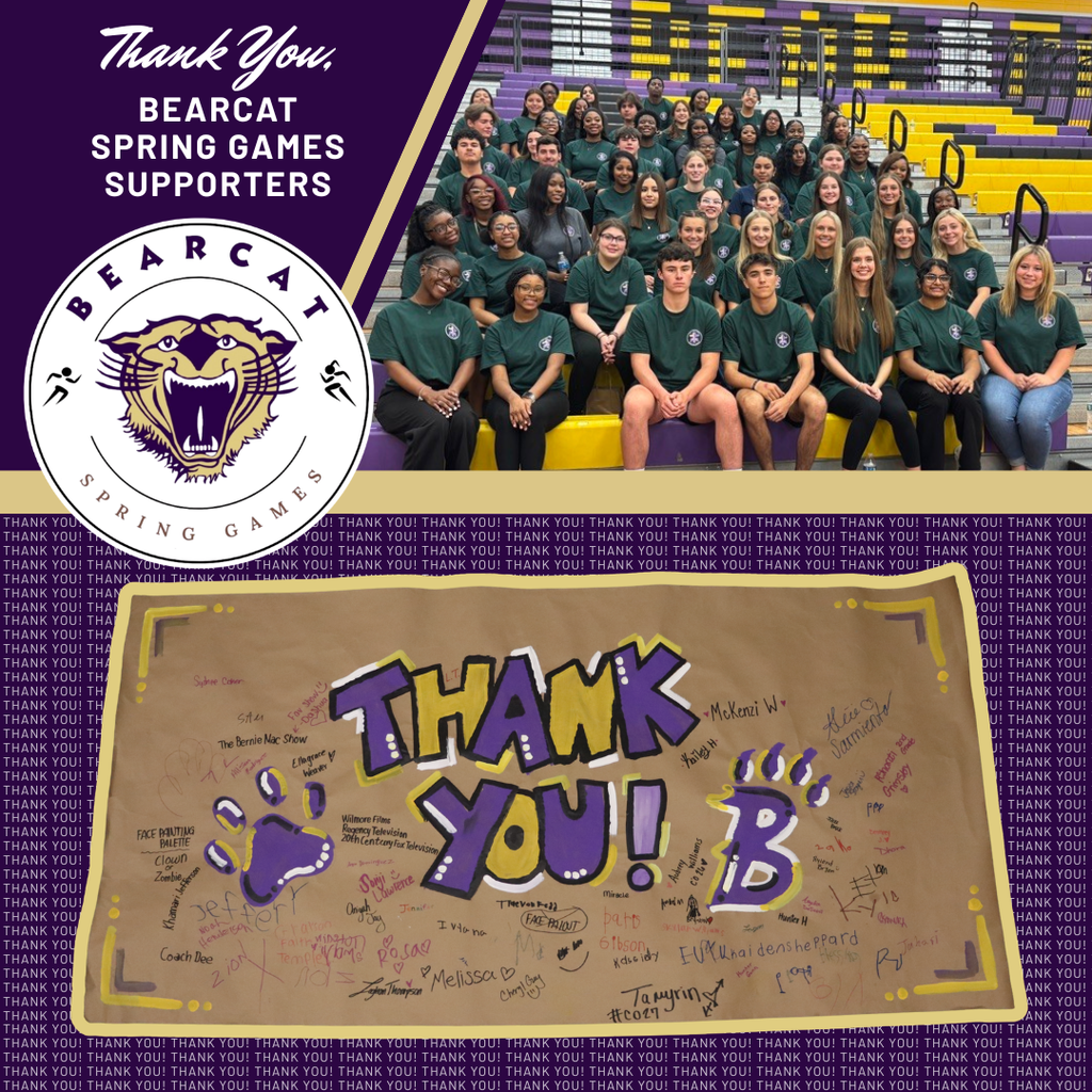 Graphic thanking Bearcat Spring Games supporters, featuring a large group photo of student volunteers in a gymnasium and a signed "Thank You!" banner decorated in Bearcat purple and gold.