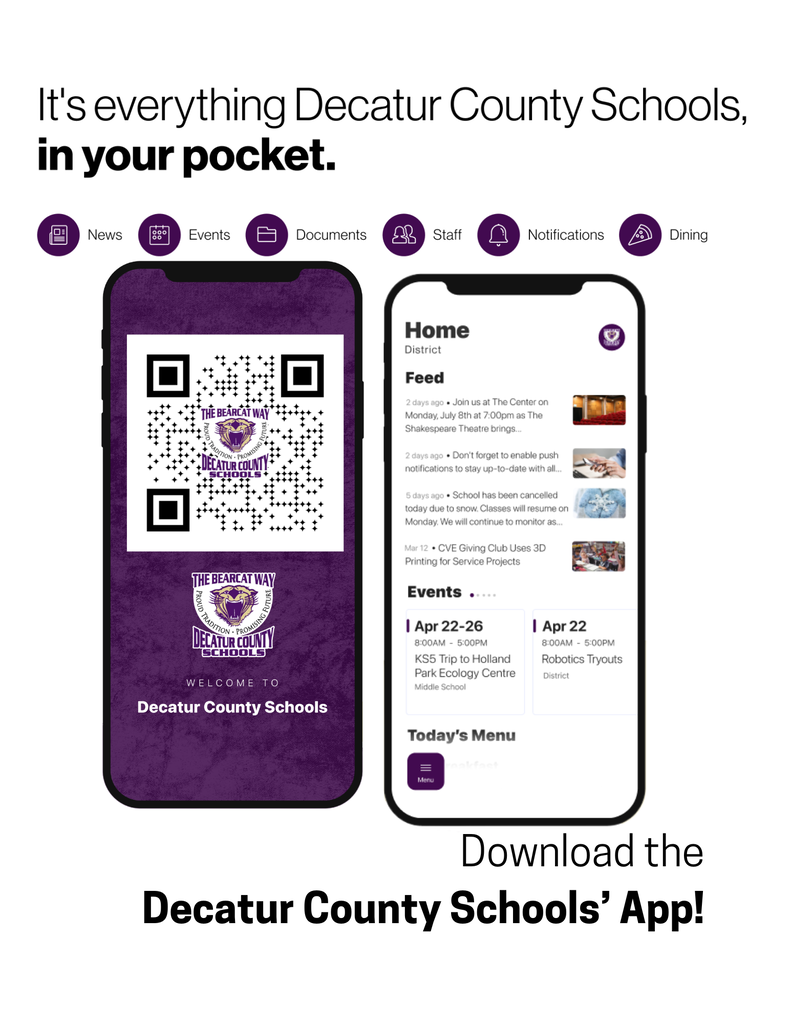 Graphic promoting the Decatur County Schools mobile app, featuring two smartphone screens displaying app features including news, events, documents, staff directory, messaging, notifications, and dining information, with a QR code for downloading the app and the slogan, "It's everything Decatur County Schools, in your pocket.