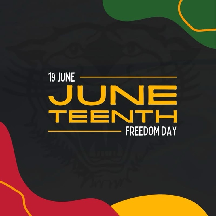 Juneteenth graphic with Bearcat in background 