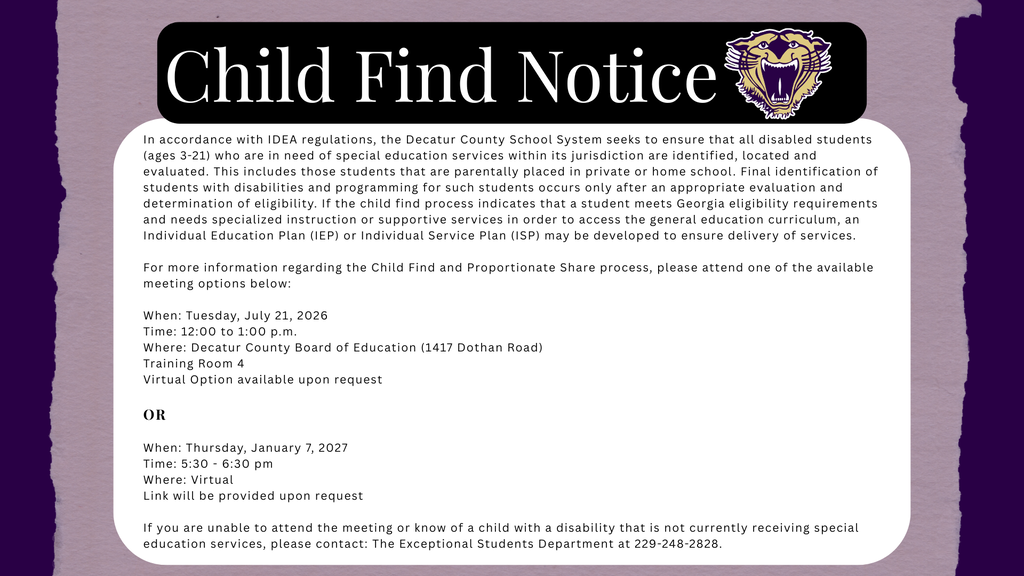 Public notice informing families about Child Find services, eligibility for special education, upcoming meeting dates, and contact information for the Decatur County Schools Exceptional Students Department.