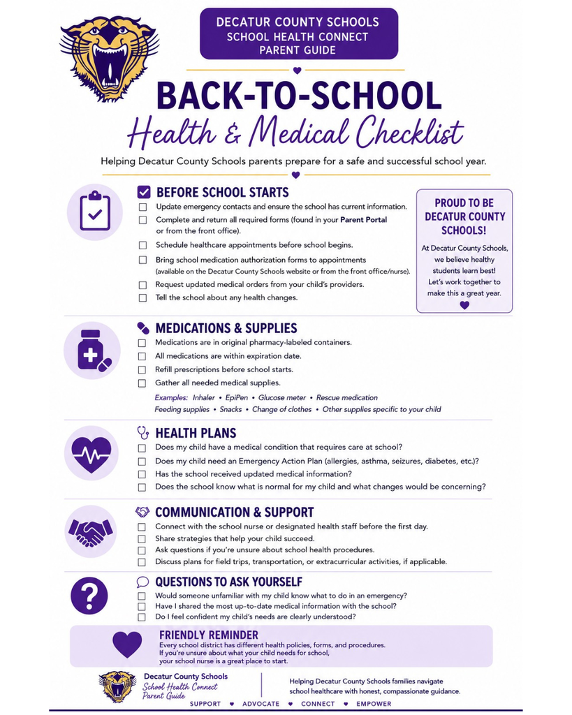 Back-to-school health and medical checklist for Decatur County Schools families, covering forms, medications, health plans, communication with school nurses, and student support.