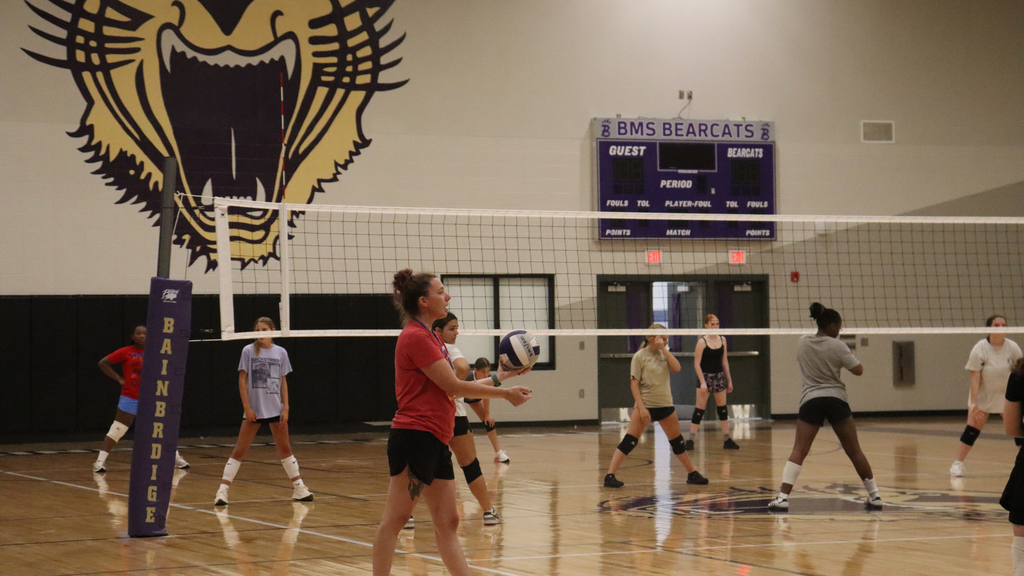 Volleyball player practices serving in the BMS gym.