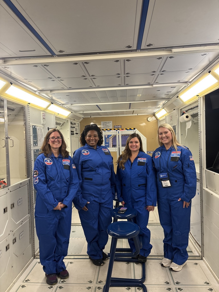 A collection of photos showing Hutto Elementary NASA HUNCH teachers participating in Space Camp activities, including astronaut training simulations, Mission Control exercises, team-building challenges, hands-on STEM workshops, and group photos at the U.S. Space & Rocket Center.