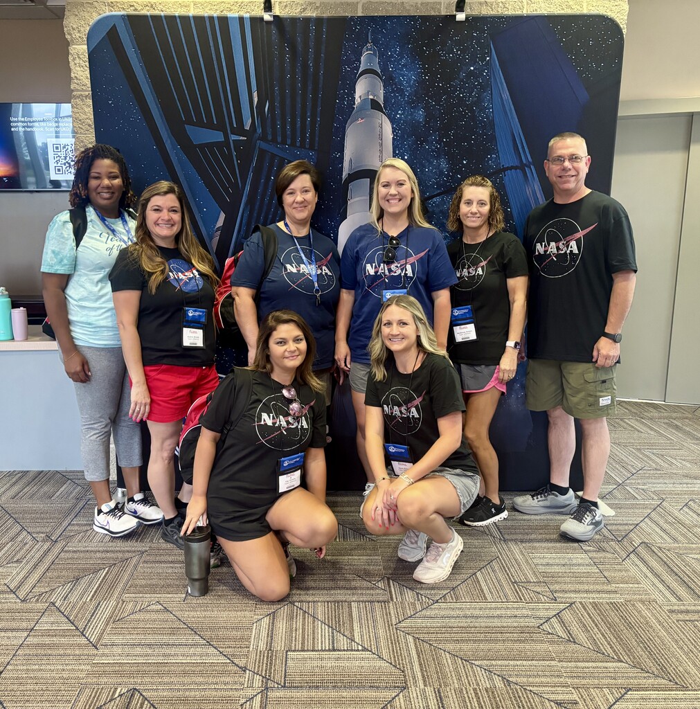 A collection of photos showing Hutto Elementary NASA HUNCH teachers participating in Space Camp activities, including astronaut training simulations, Mission Control exercises, team-building challenges, hands-on STEM workshops, and group photos at the U.S. Space & Rocket Center.