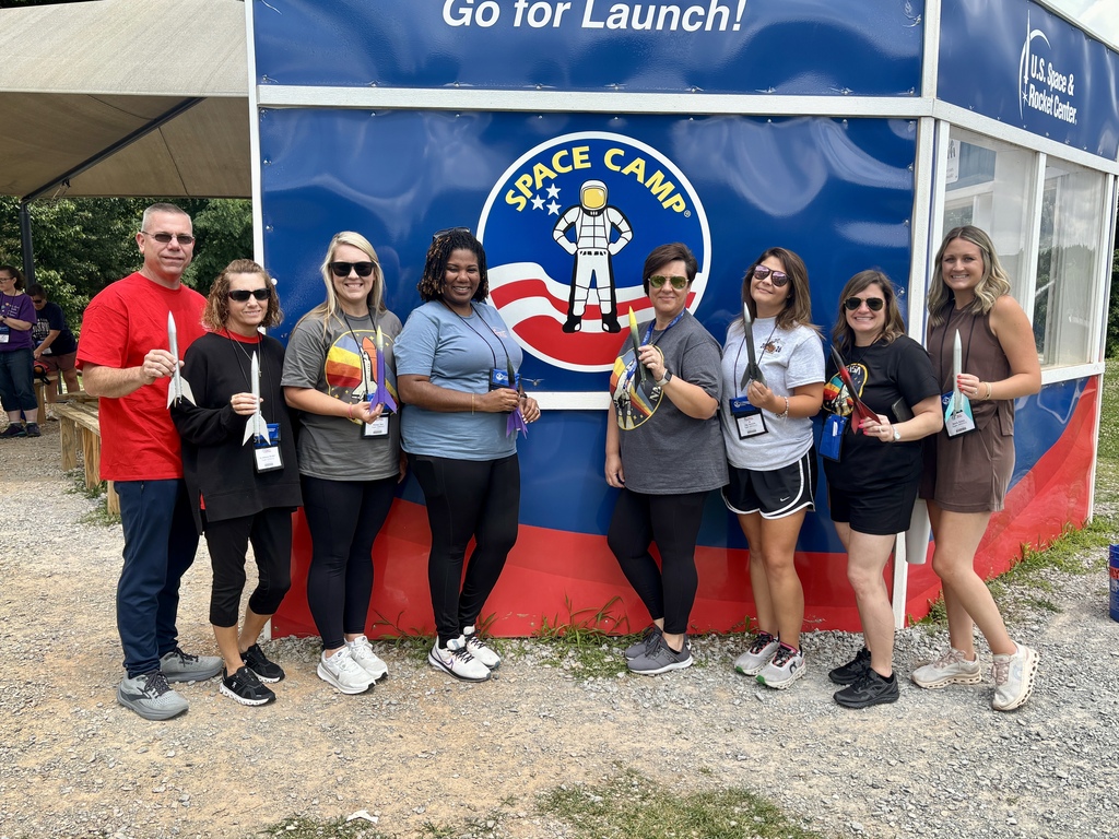 A collection of photos showing Hutto Elementary NASA HUNCH teachers participating in Space Camp activities, including astronaut training simulations, Mission Control exercises, team-building challenges, hands-on STEM workshops, and group photos at the U.S. Space & Rocket Center.