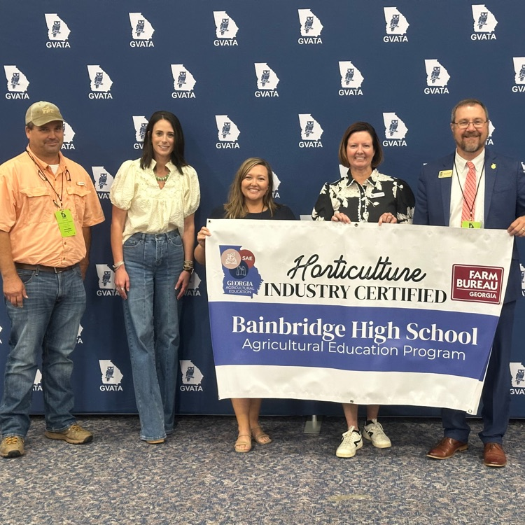 Representatives from Bainbridge High School’s Agricultural Education Program pose with the Georgia Industry Certified Horticulture Program sign, celebrating BHS as the only high school in Georgia to earn Industry Certification in Horticulture.
