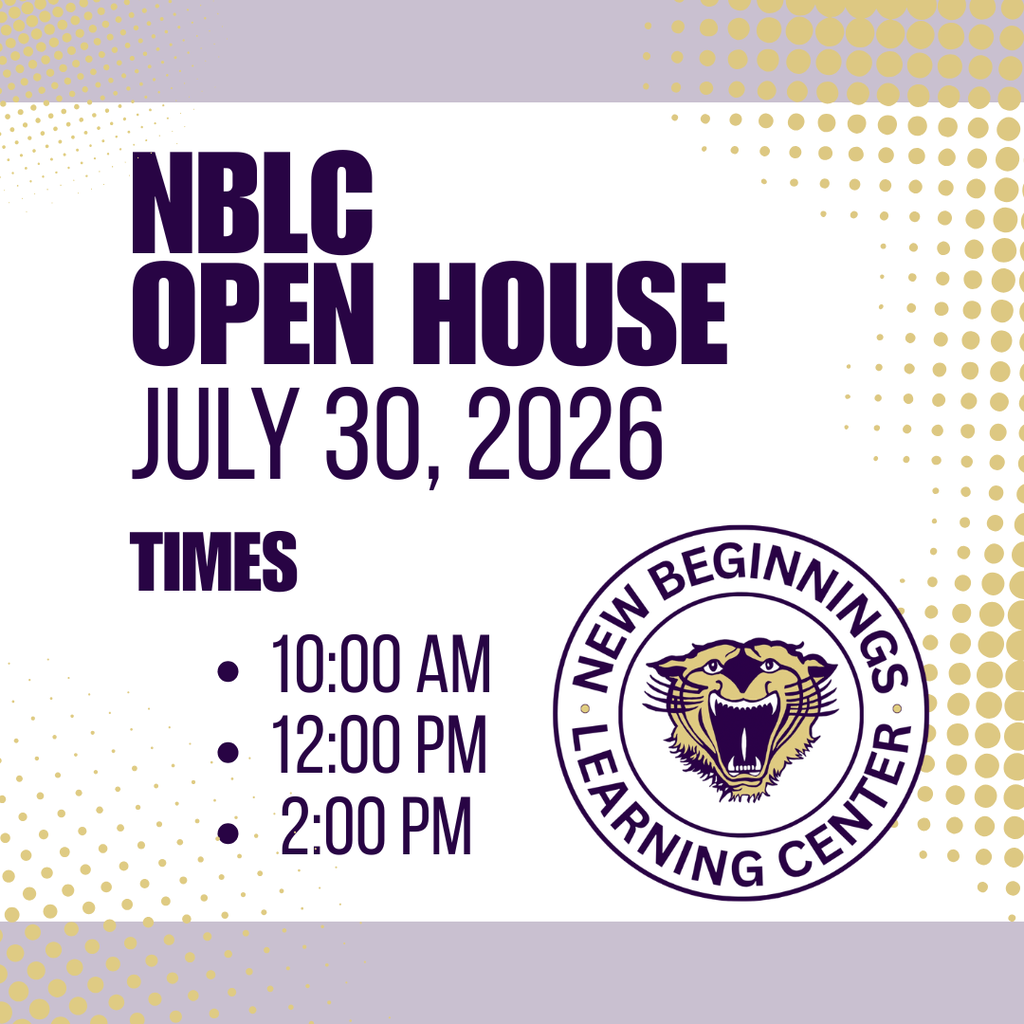 Graphic promoting the NBLC Open House on July 30, 2026, with tour times at 10:00 AM, 12:00 PM, and 2:00 PM, featuring the New Beginnings Learning Center logo in purple and gold.