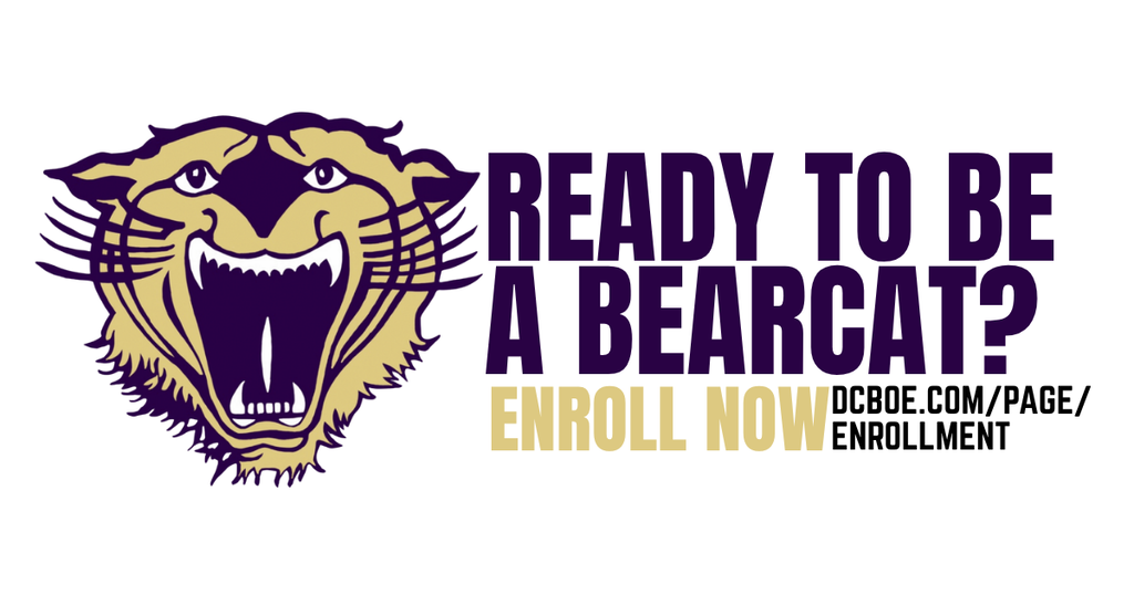 Bearcat mascot graphic with the text, "Ready to Be a Bearcat? Enroll Now," and a link to the Decatur County Schools enrollment webpage.