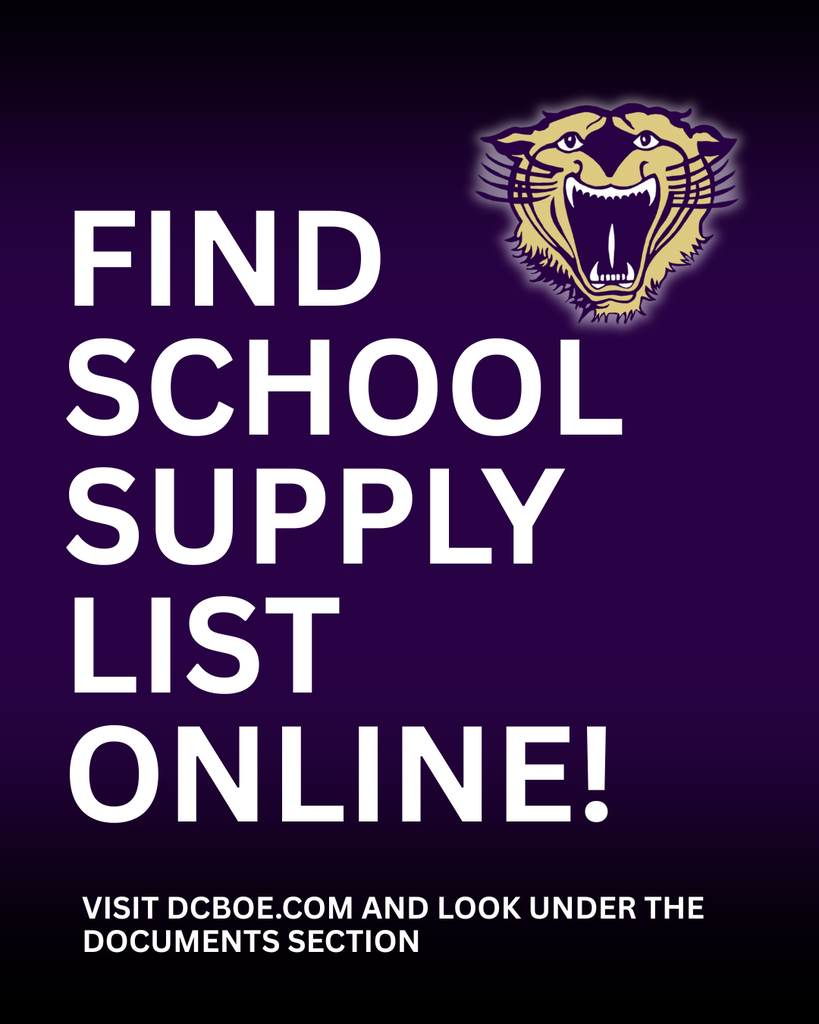 Purple and gold graphic announcing that school supply lists are now available online at DCBOE.com under the Documents section.
