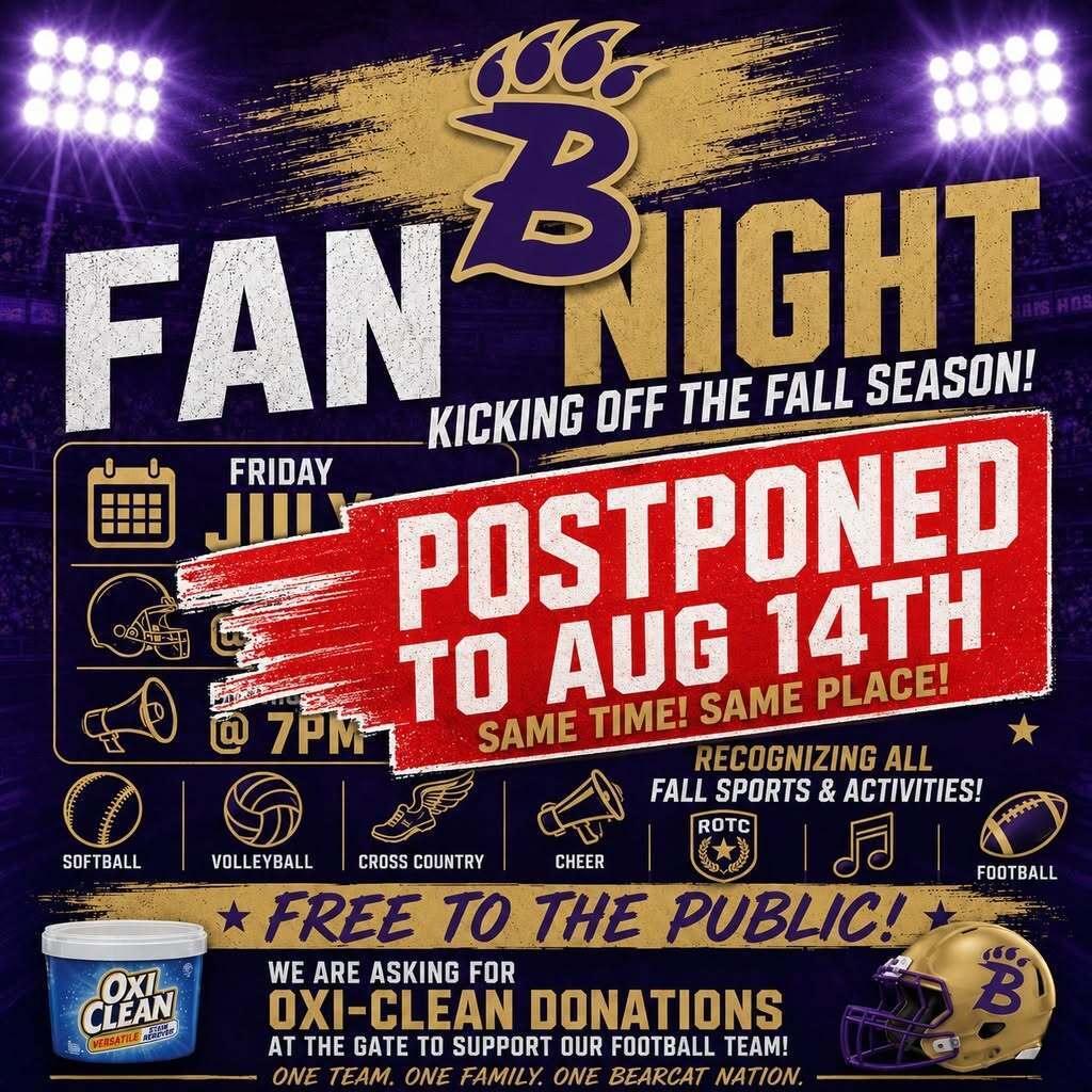 Bainbridge Bearcats Fan Night postponed to August 14 at 7 p.m., recognizing fall sports and activities with free admission and OxiClean donations encouraged.