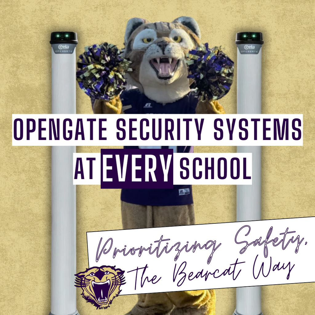 Decatur County Schools Bearcat mascot standing between two OPENGATE security systems.