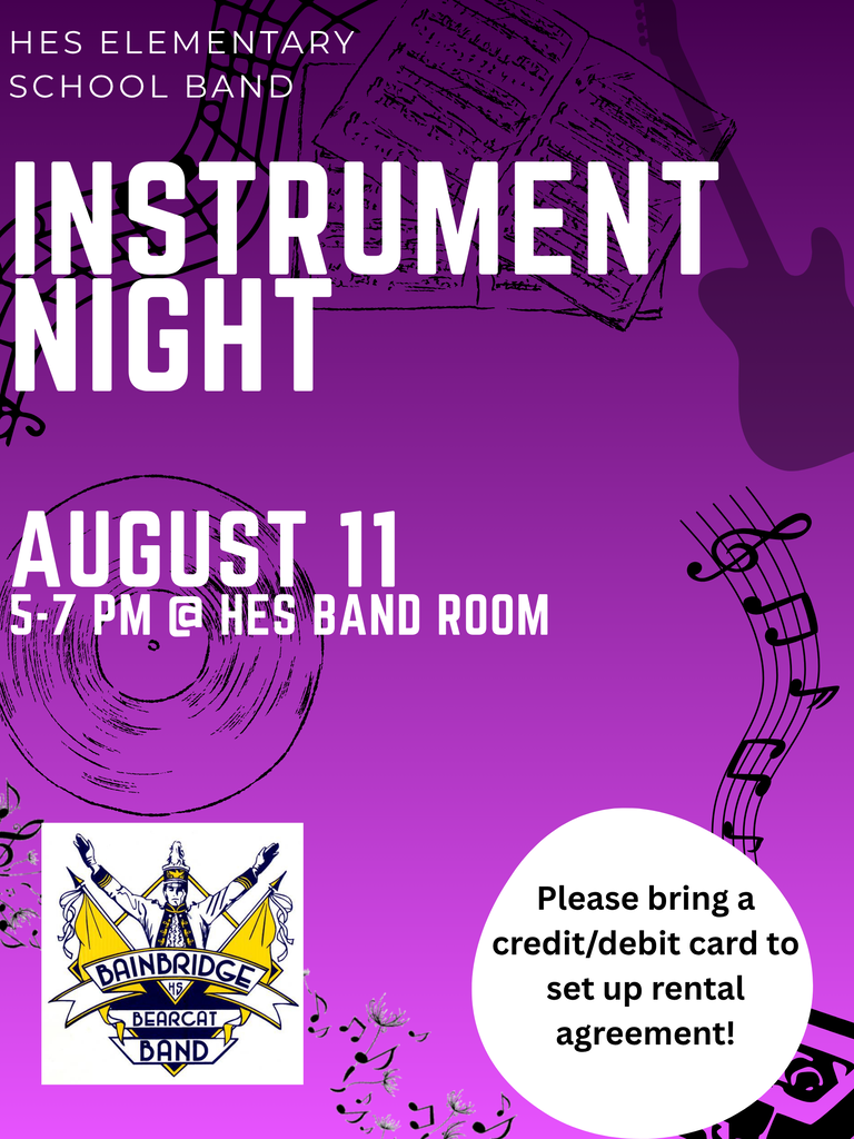 This image contains information about Instrument Night at Hutto August 11, 2026 from 5-7 in the Band Room.  
