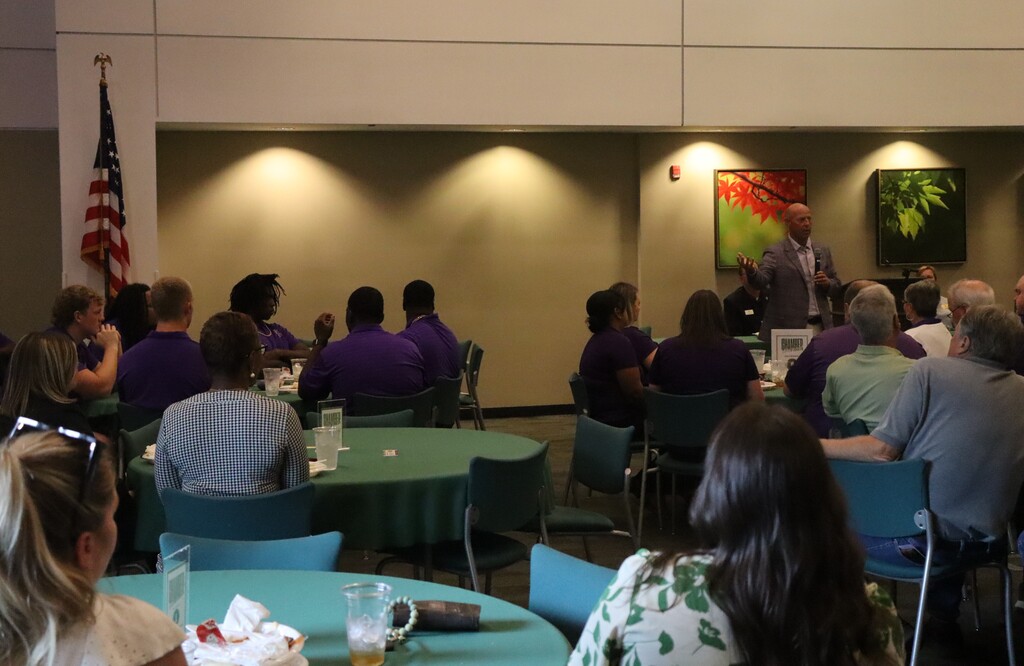 Photos from the August Chamber Connect Luncheon featuring Bainbridge Bearcat Head Football Coach Jamey DuBose speaking to community members and introducing Bearcat football players. First National Bank sponsored the event, which brought together Bearcat Football, school representatives, and community partners ahead of the upcoming football season.