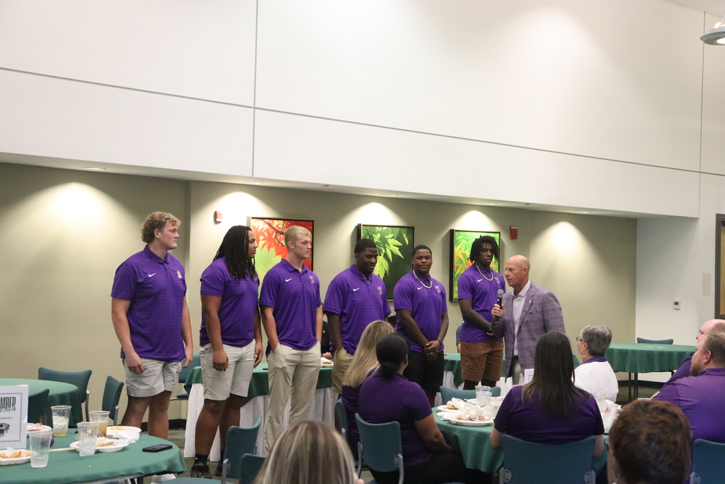 Photos from the August Chamber Connect Luncheon featuring Bainbridge Bearcat Head Football Coach Jamey DuBose speaking to community members and introducing Bearcat football players. First National Bank sponsored the event, which brought together Bearcat Football, school representatives, and community partners ahead of the upcoming football season.