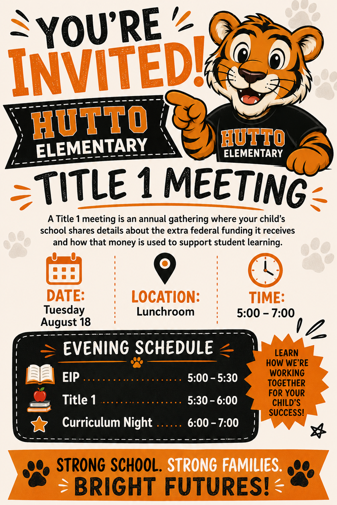 This image contains information about the upcoming title 1 meeting in the lunchroom from 5:00-7:00 August 18, 2026.
