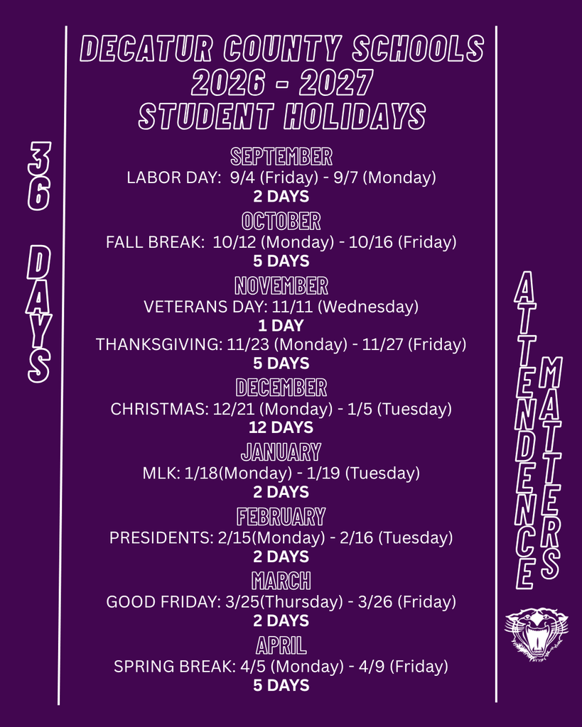 Graphic listing Decatur County Schools’ 2026–2027 student holidays and extended weekends from September through April.