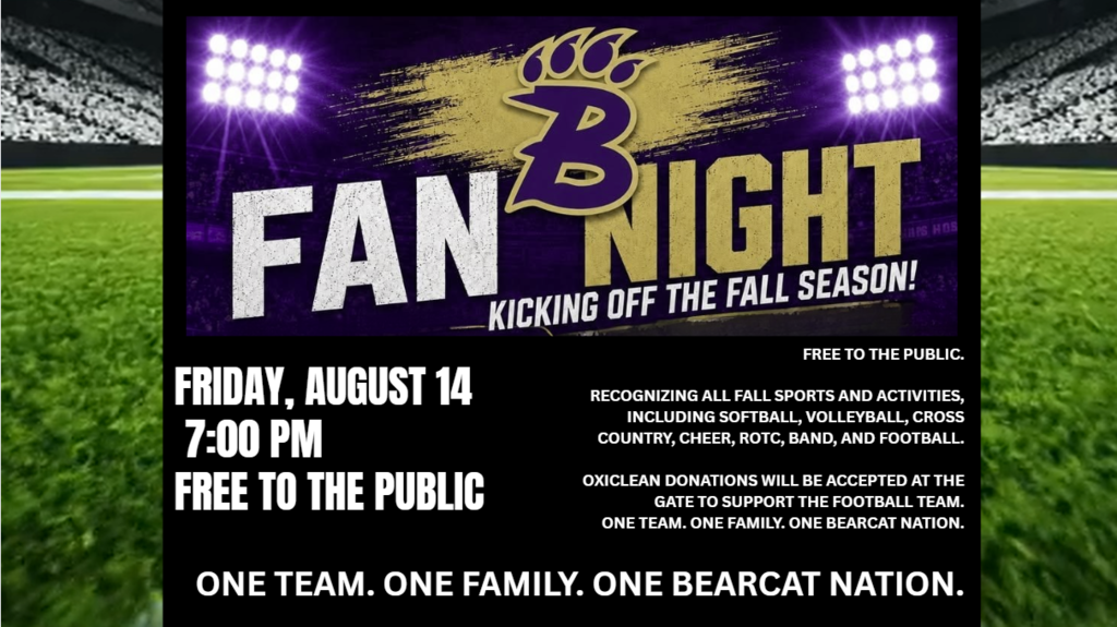 Alt text: Bainbridge Bearcats Fan Night graphic announcing the August 14 event at 7:00 PM, free to the public, celebrating fall sports and activities.