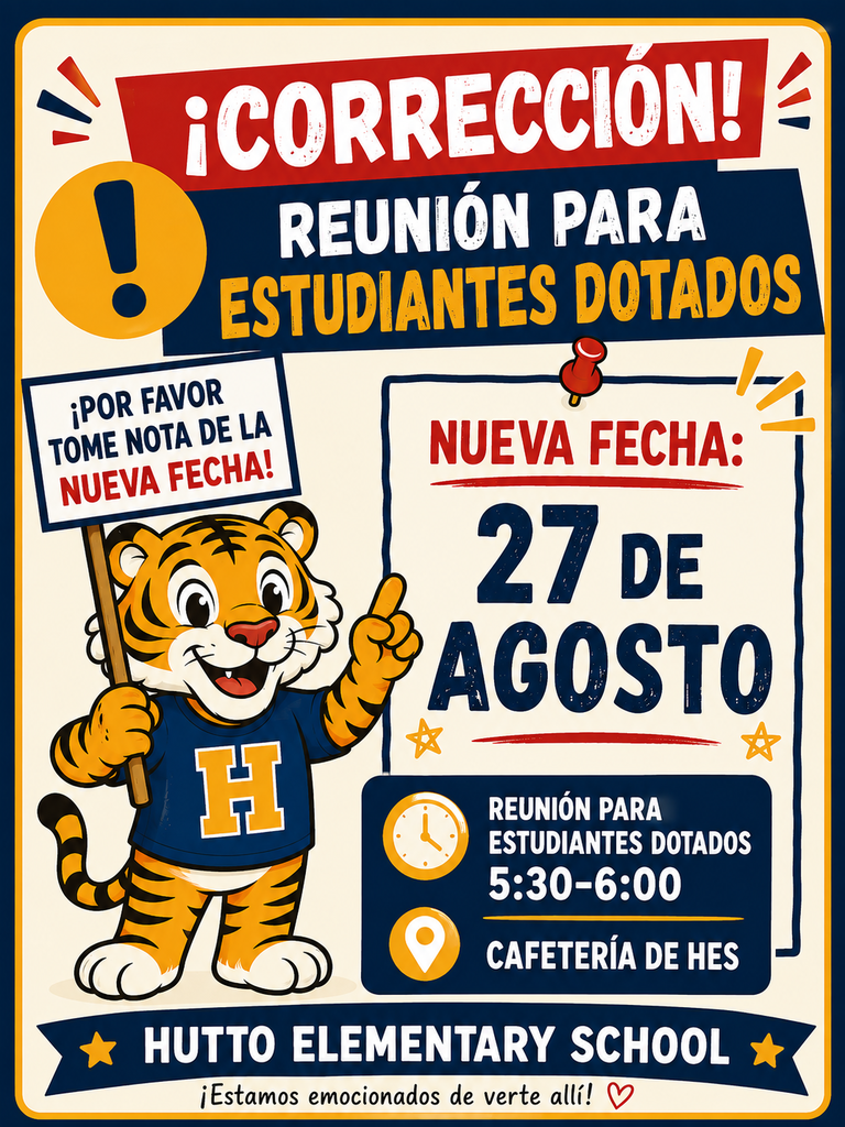 This image contains information about gifted meeting August 27, 2026 from 5:30-6:00 in the cafeteria at Hutto.