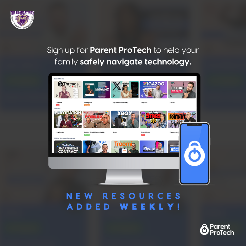 Blue Parent ProTech graphic encouraging families to sign up for weekly resources to help safely navigate technology.