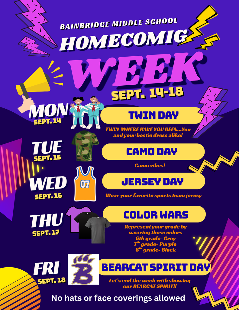 Homecoming Week is Sept 14-18. Spirit Activities everyday. Monday Twin Day, Tues, Camo, Wed- Jersey, Thurs-Color Wars Friday-Spirit Day