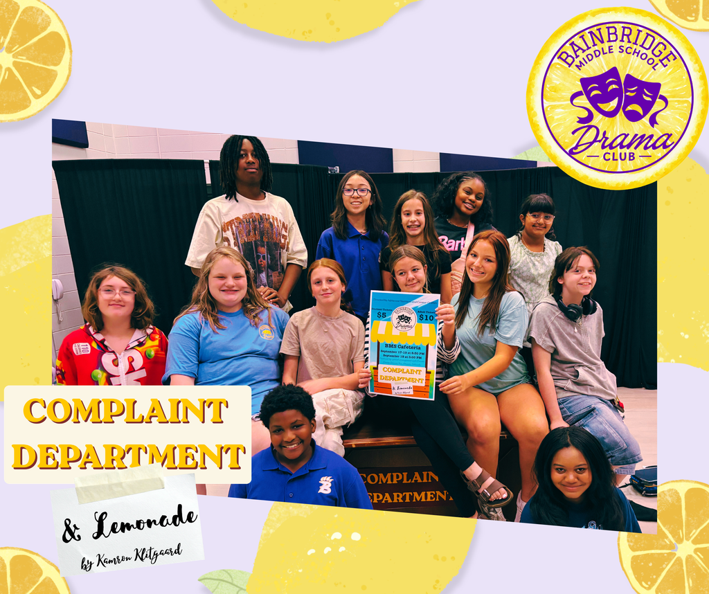 BMS Drama Club students posing together with their show poster on stage