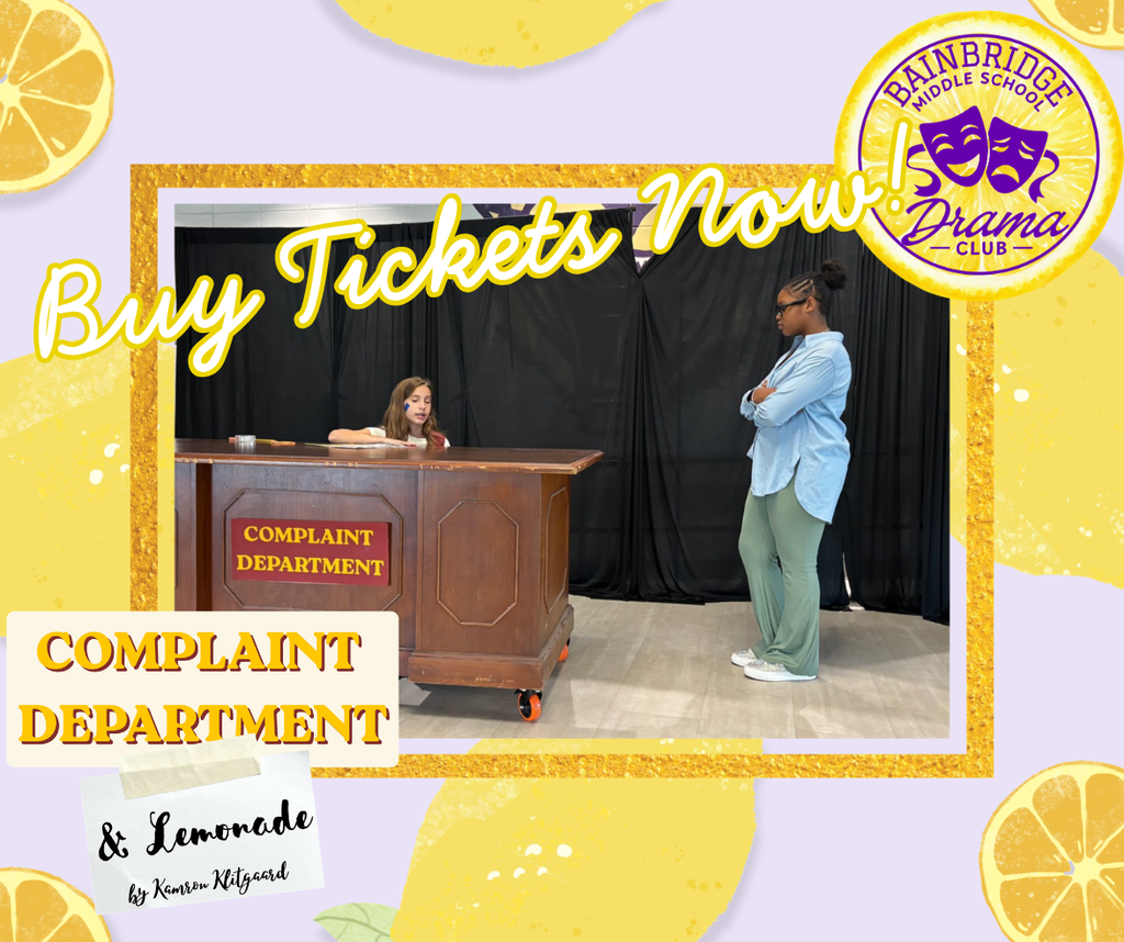 Students stand in poses on stage with a desk that reads "Complaint Department"