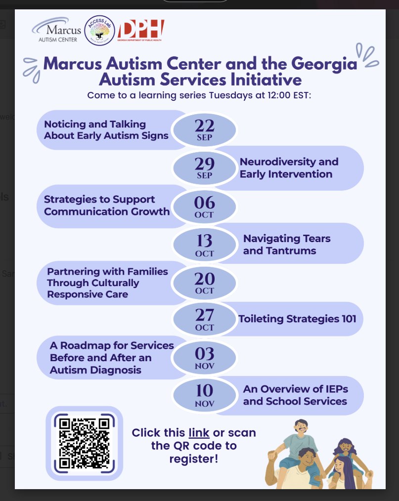 Flyer promoting the Marcus Autism Center and Georgia Autism Services Initiative’s Tuesday autism learning series, September 22–November 10, featuring family-focused topics and a QR code to register.