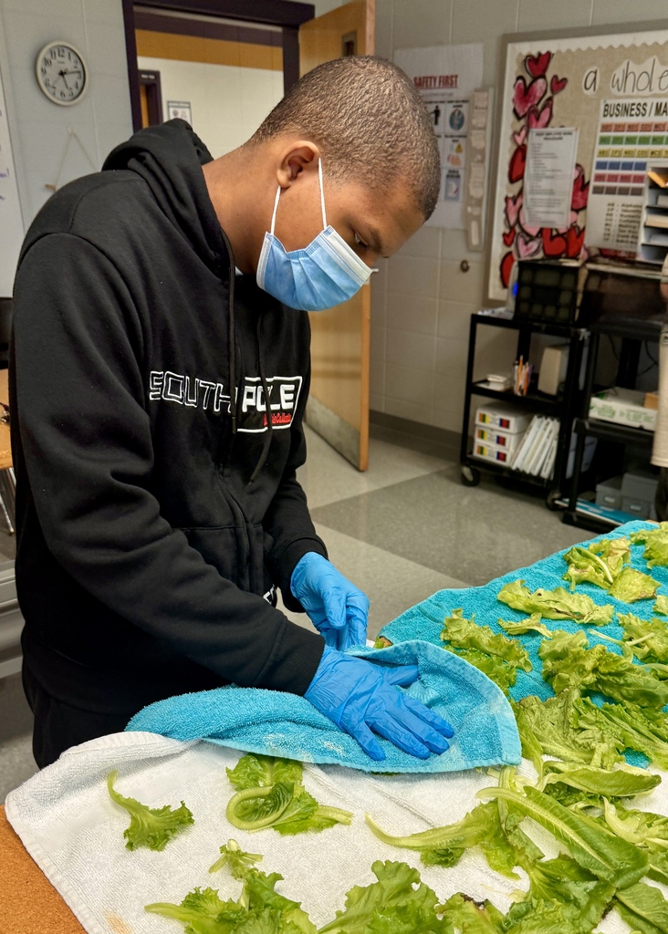 BHS Exceptional Education students prepare and serve a staff salad bar as part of a hands-on learning experience. Students wash and prepare fresh lettuce, organize toppings, assemble salads, and serve BHS staff during lunch. The salad bar features hydroponically grown lettuce from the student-led Double H Greens agriculture project, giving students an opportunity to practice food preparation, teamwork, communication, and customer service skills.