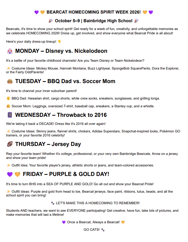 26-27 BHS Homecoming Spirit Days