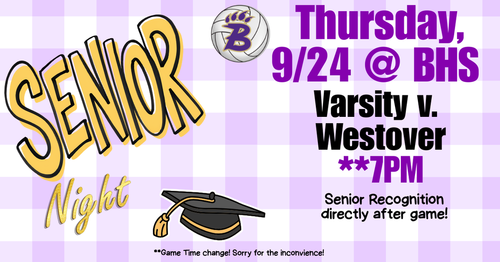 Senior Night volleyball graphic: Bainbridge vs. Westover, Thursday, September 24 at BHS. Varsity game begins at 7 PM, with senior recognition immediately after.
