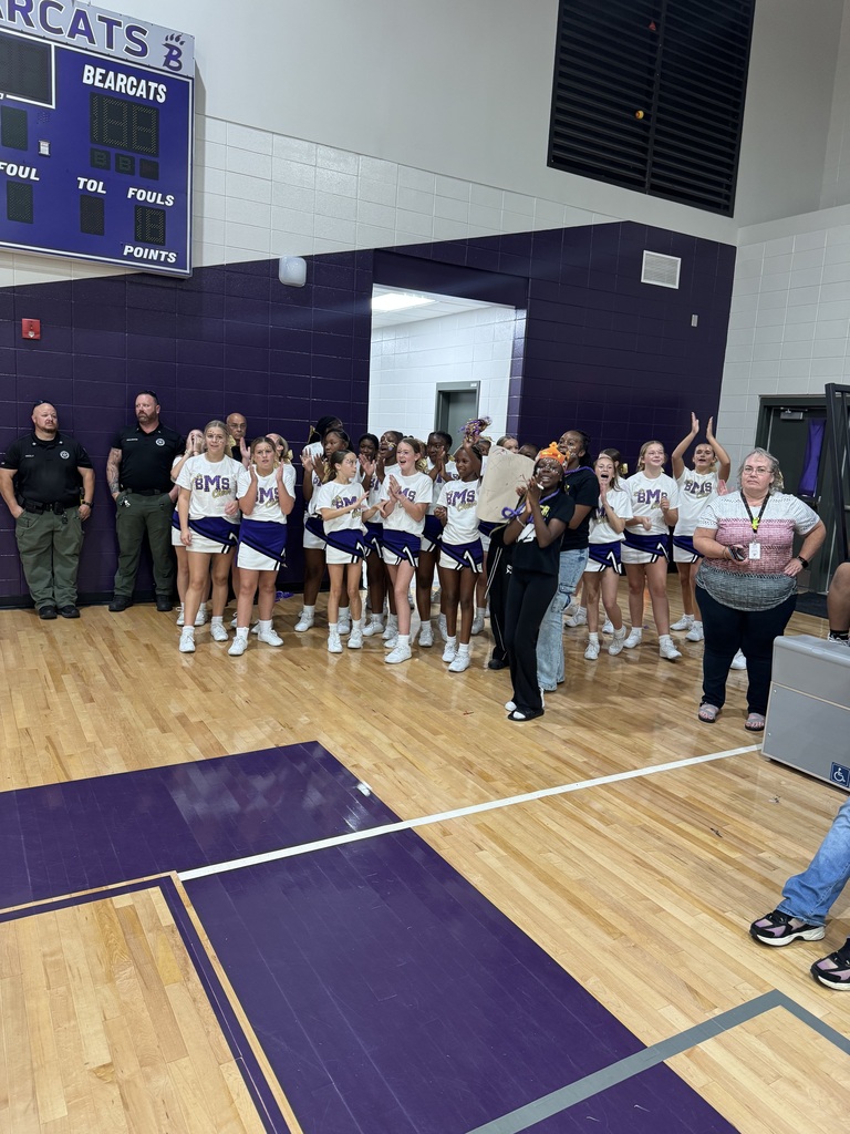 Photos from Bainbridge Middle School’s Homecoming Pep Rally featuring cheerleaders, students showing school spirit, and the BMS drumline performing in purple and gold.