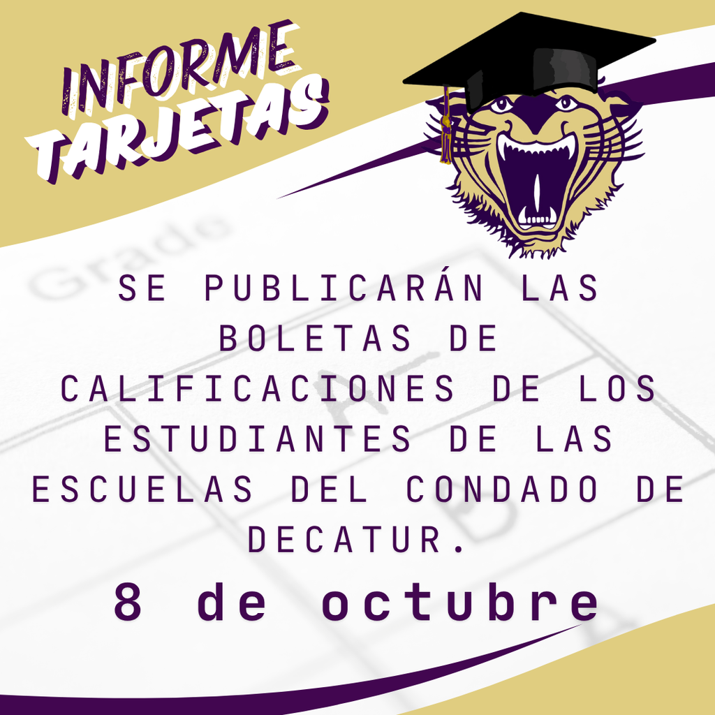 Decatur County Schools students’ report cards will be released October 8th. Graphic features a Bearcat mascot in a graduation cap with purple and gold school branding.