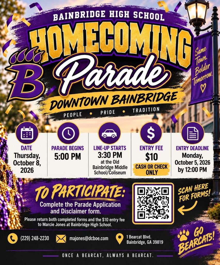 Bainbridge High School Homecoming Parade flyer with event details for Thursday, October 8, 2026, in Downtown Bainbridge, including lineup, entry fee, deadline, and participation information.