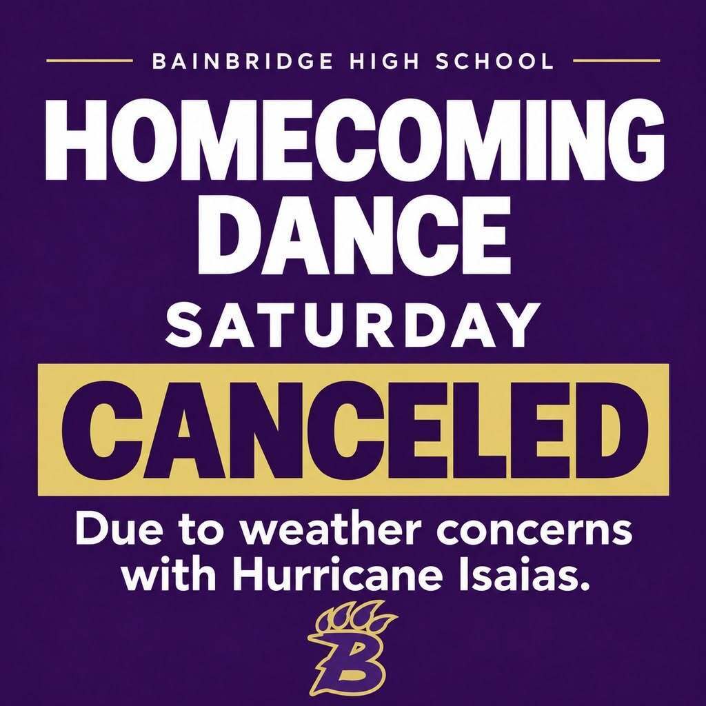 Due to weather concerns with Hurricane Isaias, the BHS Homecoming Dance scheduled for Saturday has been canceled. The safety of our students and staff is our top priority. We will be issuing refunds to all students who purchased tickets. Thank you for your understanding.