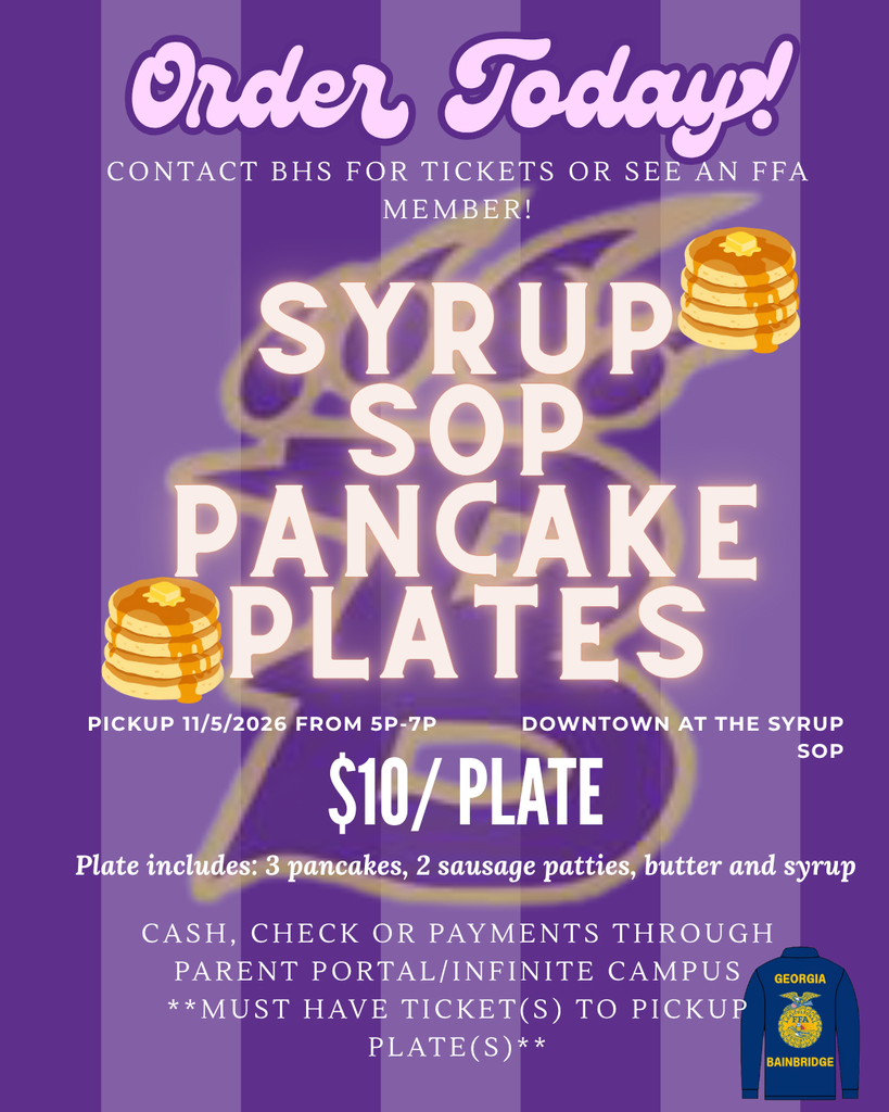 Purple and gold BHS FFA flyer advertising $10 syrup sop pancake plates for pickup November 5, 2026, from 5–7 p.m. at The Syrup Sop downtown. Plates include three pancakes, two sausage patties, butter, and syrup. Tickets are required.
