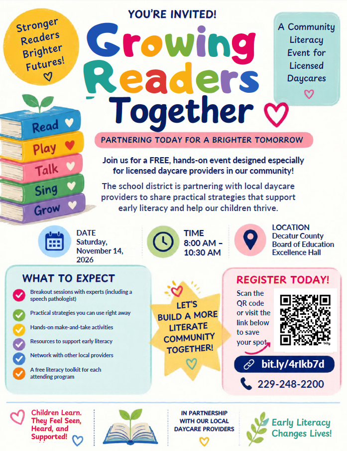 “Growing Readers Together” flyer promoting a free community literacy event for licensed daycare providers on November 14, 2026, hosted by Decatur County Schools.