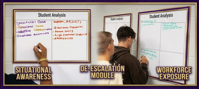 Students collaborate while learning from VR in Law Enforcement class