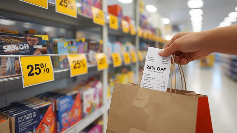 image of grocery isle with discounts of 25 percent