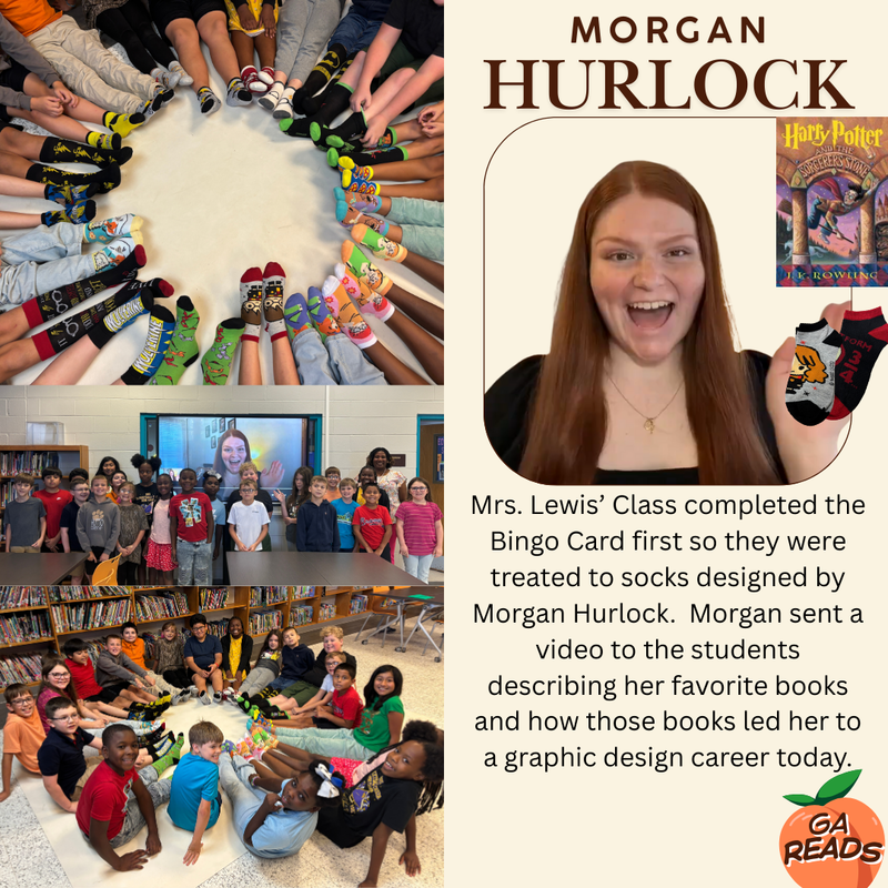 This image contains a picture of Morgan Hurlock a graphic designer who gave the winning class a pair of socks, which is also pictured.