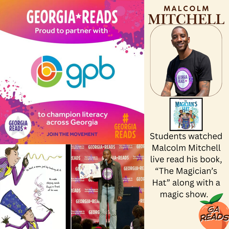 This image contains a picture of Malcolm Mitchell and the Georgia Reads Day information sponsored by GPB.