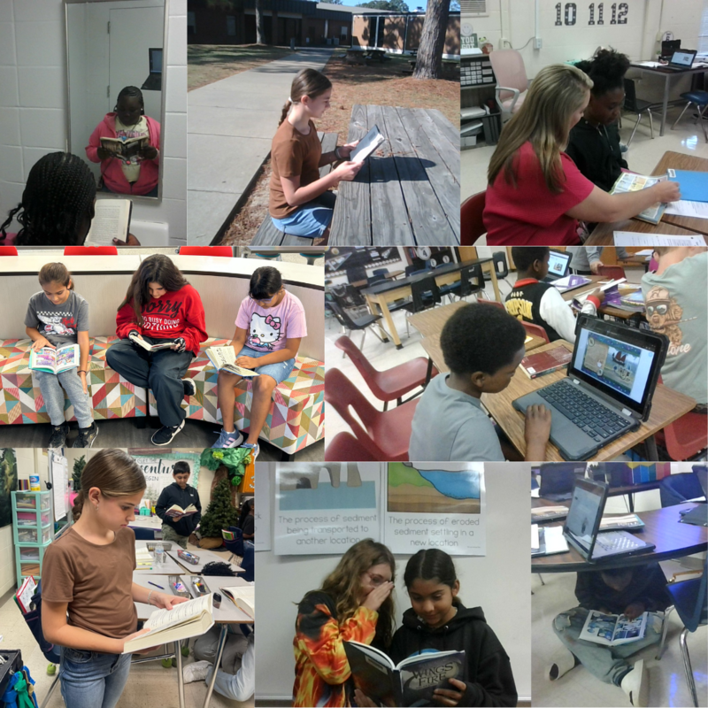 This image contains pictures of students reading.