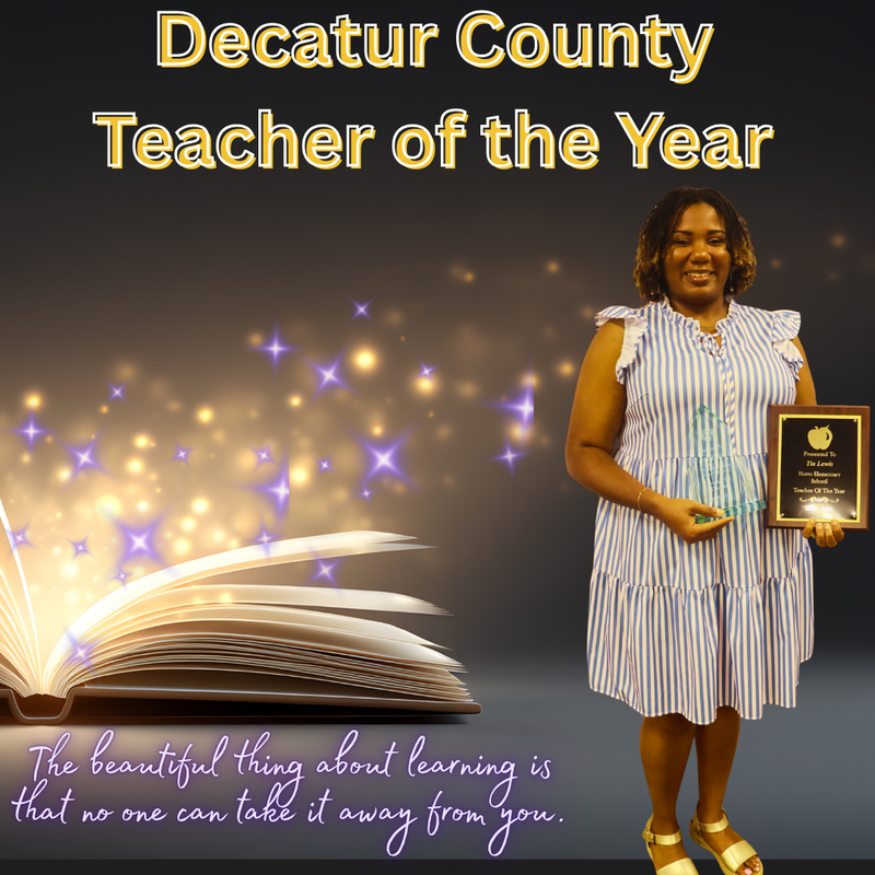 This image contains a picture of a book with Mrs. Lewis the Decatur County Teacher of the Year.
