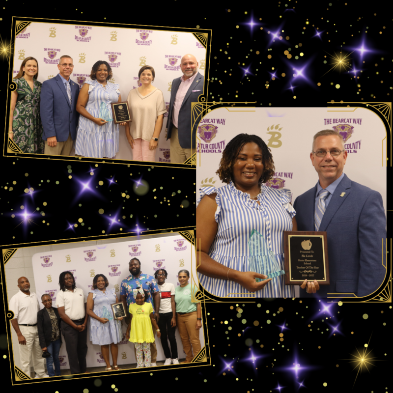 This image contains pictures of Mrs. Lewis with her family, superintendent, curriculum director, and principal.