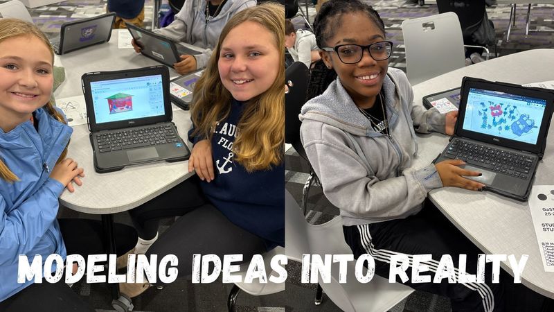 Students show off their 3D modeling designs sitting at tables during the technology competition at Bainbridge Middle School.