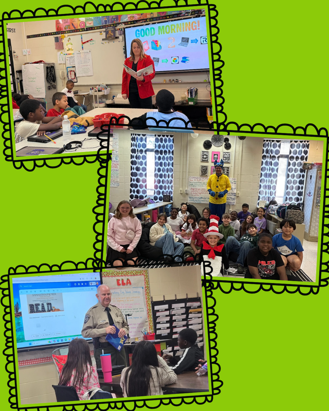 This image contains readers from the community and inside the school system reading to classes.