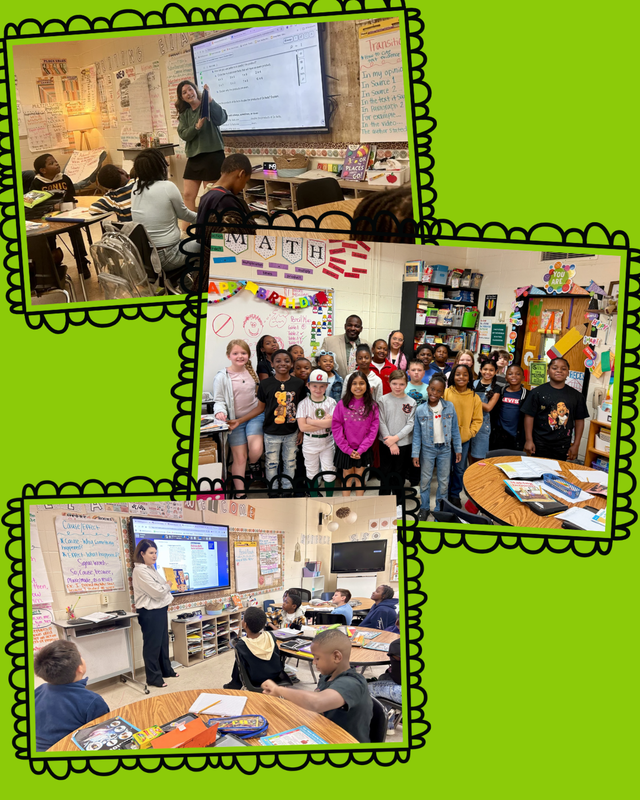 This image contains readers from the community and inside the school system reading to classes.