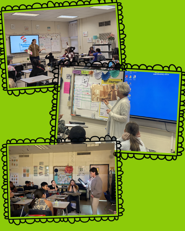 This image contains readers from the community and inside the school system reading to classes.