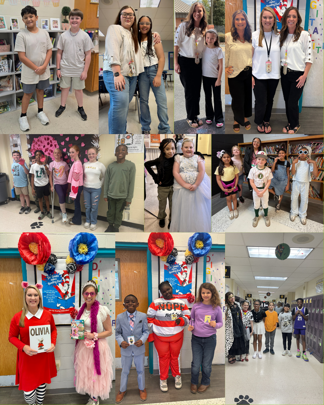 This image contains pictures of teachers and students dressed up for read across america week.